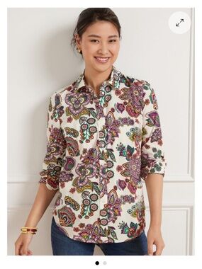 Talbots White Paisley Button-Up Blouse with Multicolor Floral Print